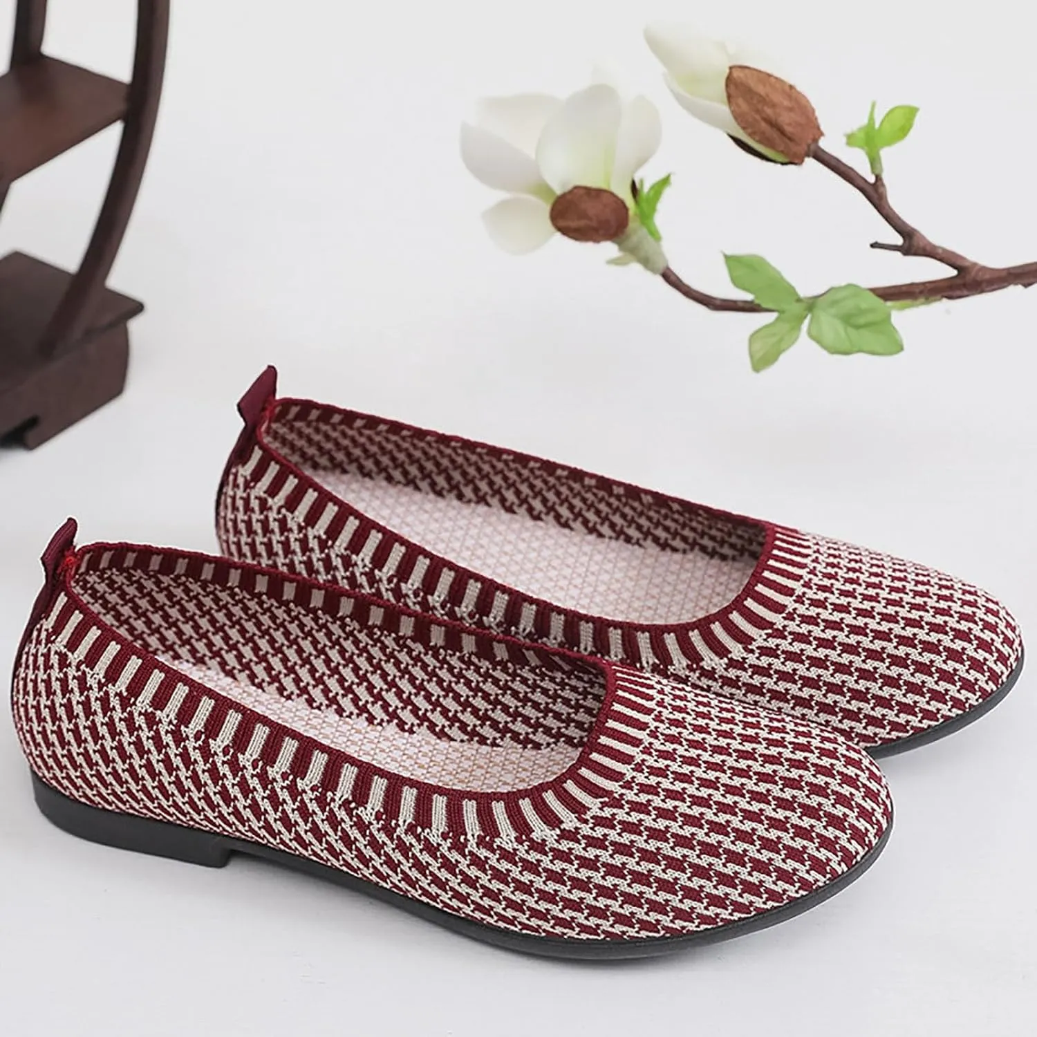 Flat Shoes for Women Round Toe Ballet Leisure Shoes with Arch Support Washable Comfortable Knit Shoes Men House Shoes