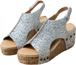 Ladmiple Sandals For Women 2024 Comfortable Wedge Platform Sandals Open Toe Sparkly Rhinestone Glitter Summer Dress Shoes