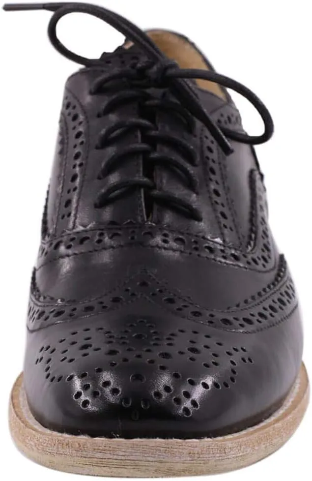 Leather Oxford Shoes for Women Perforated, 1950s Style Brogue Wingtip Derby Lace Up Oxfords Flats