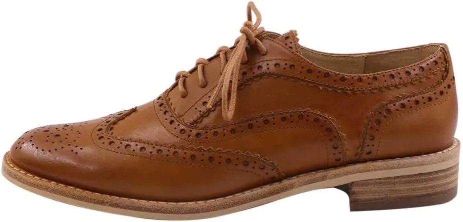 Leather Oxford Shoes for Women Perforated, 1950s Style Brogue Wingtip Derby Lace Up Oxfords Flats