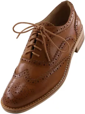 Leather Oxford Shoes for Women Perforated, 1950s Style Brogue Wingtip Derby Lace Up Oxfords Flats