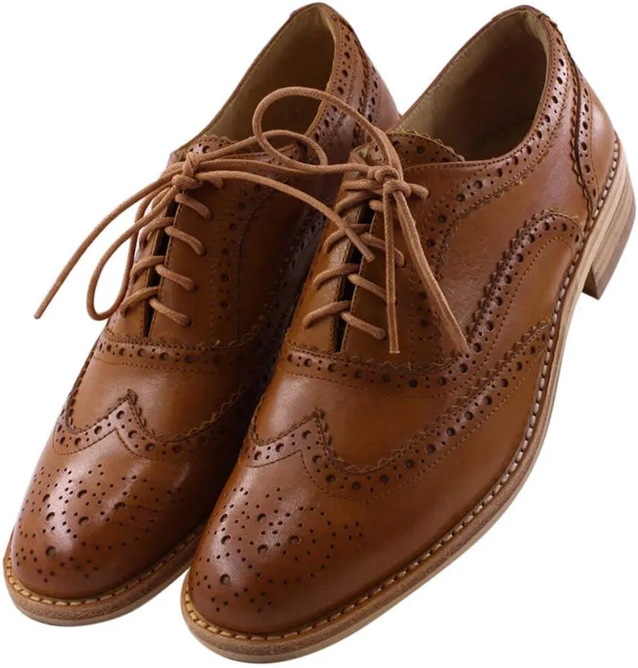 Leather Oxford Shoes for Women Perforated, 1950s Style Brogue Wingtip Derby Lace Up Oxfords Flats