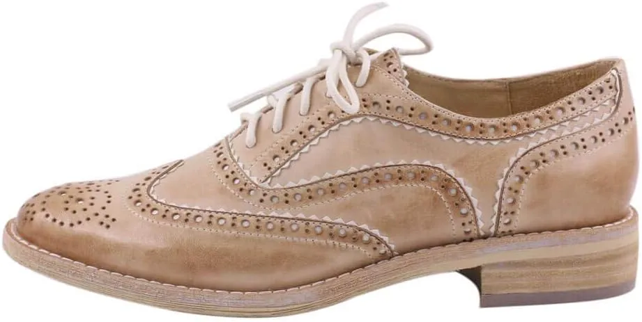 Leather Oxford Shoes for Women Perforated, 1950s Style Brogue Wingtip Derby Lace Up Oxfords Flats
