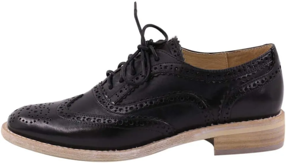 Leather Oxford Shoes for Women Perforated, 1950s Style Brogue Wingtip Derby Lace Up Oxfords Flats
