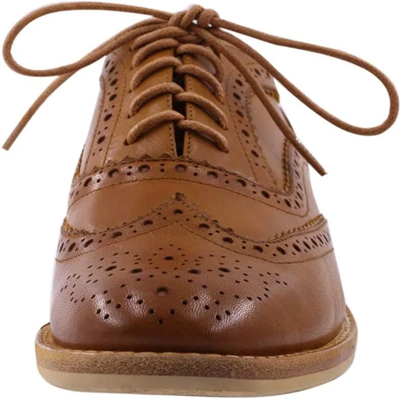 Leather Oxford Shoes for Women Perforated, 1950s Style Brogue Wingtip Derby Lace Up Oxfords Flats