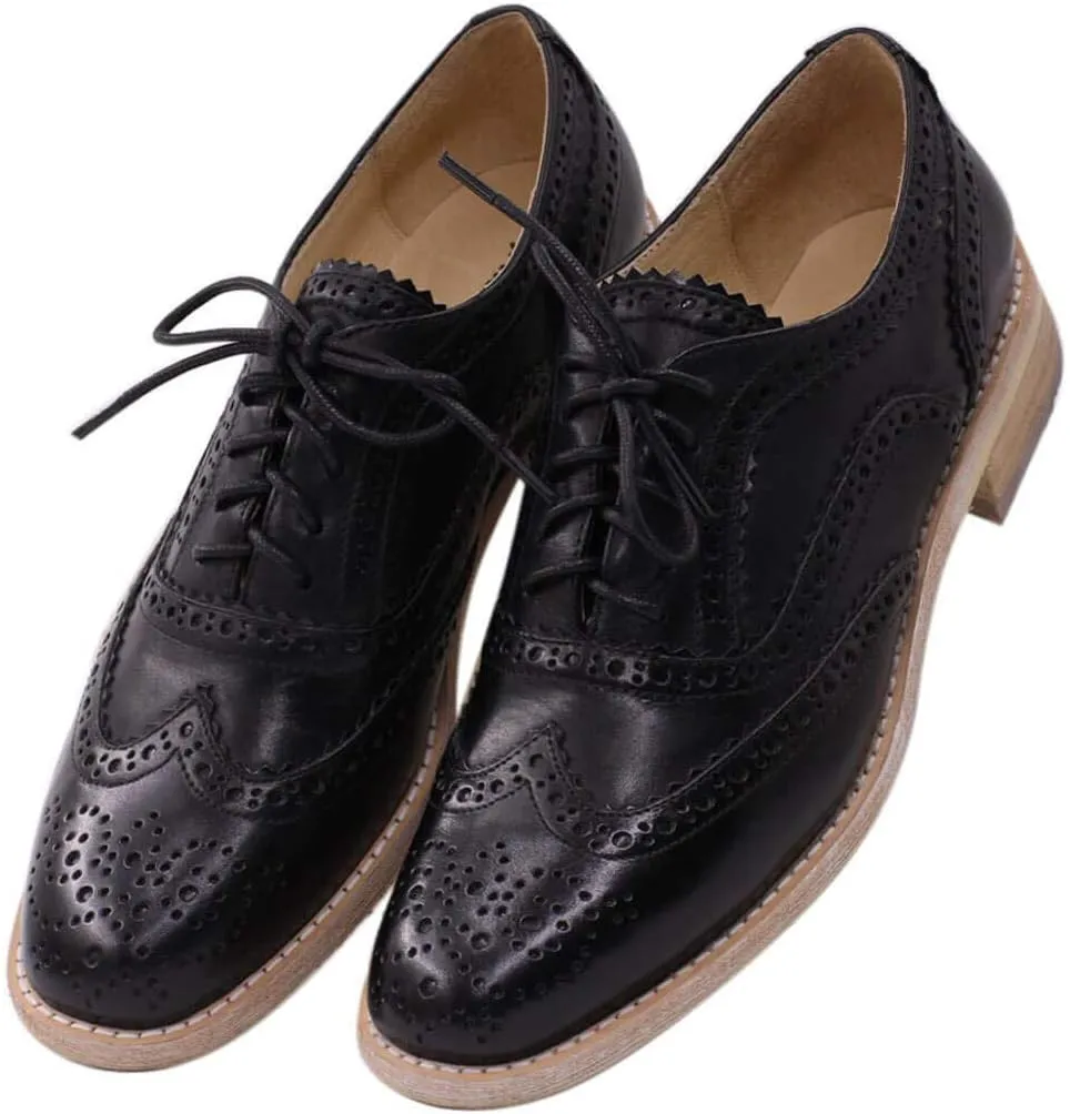 Leather Oxford Shoes for Women Perforated, 1950s Style Brogue Wingtip Derby Lace Up Oxfords Flats