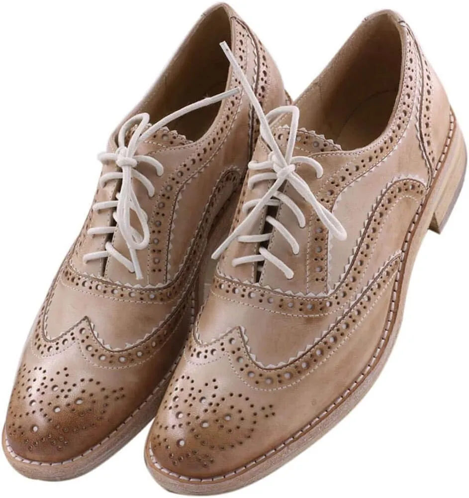 Leather Oxford Shoes for Women Perforated, 1950s Style Brogue Wingtip Derby Lace Up Oxfords Flats