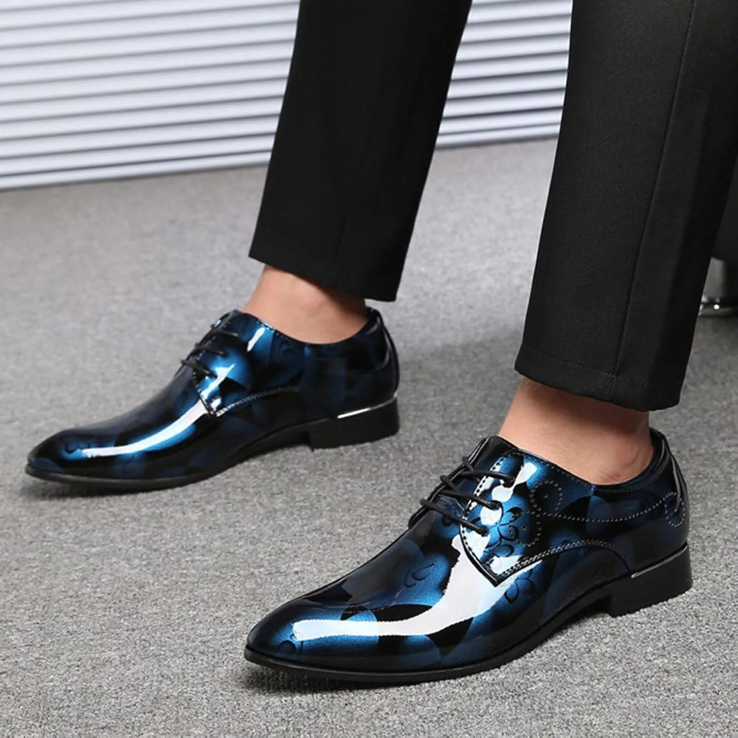 Mens Moccasins Shoes Leather Classical Style Shoes for Men Slip On PU Leather Low Rubber Sole Block Heel Work Leather Boxing Shoes for Men (Blue, 12)
