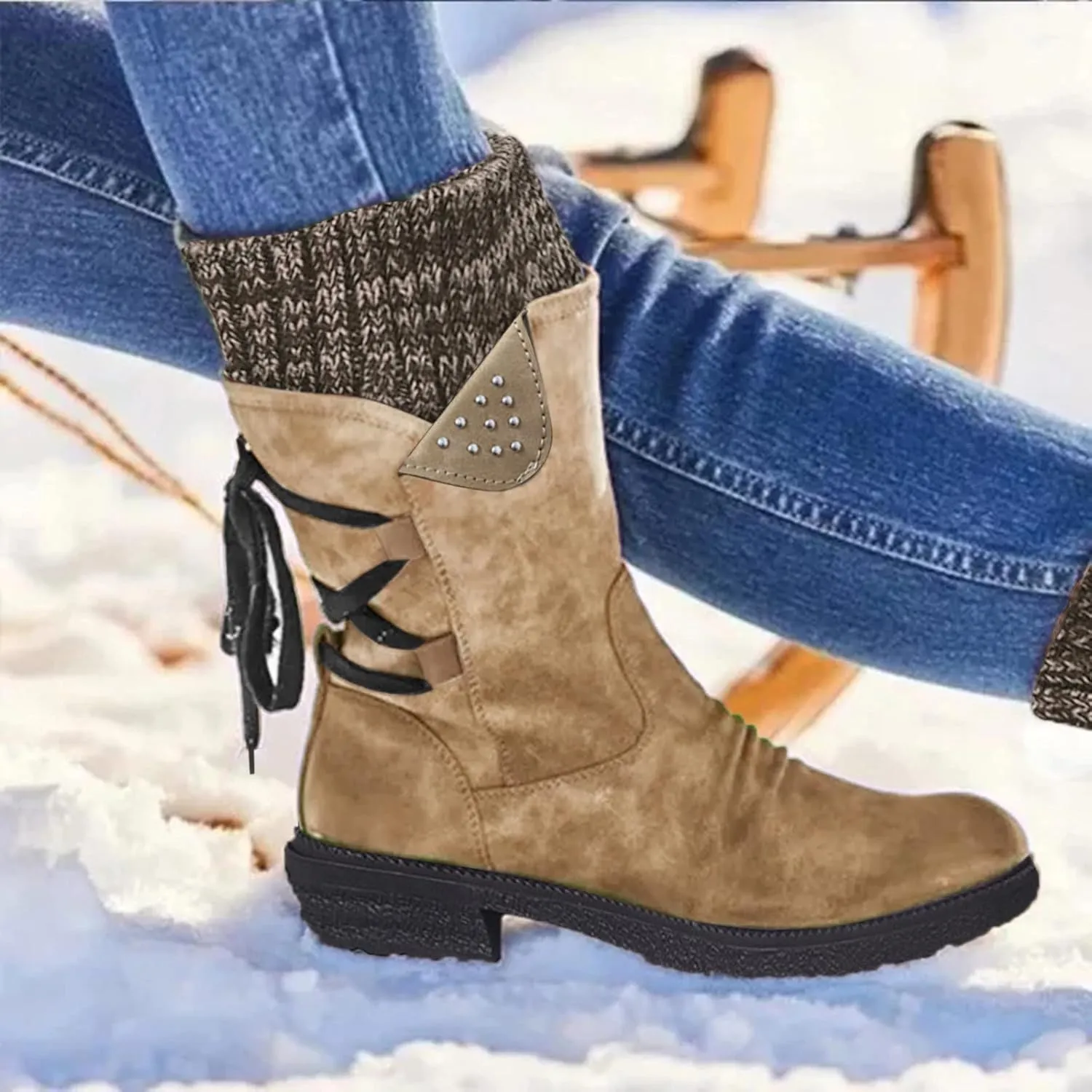 Mid Boots Up for Women Shoes Lace Calf Vintage Heels Thick Casual Boots Retro Women's Boots Dress Snow Boots Women