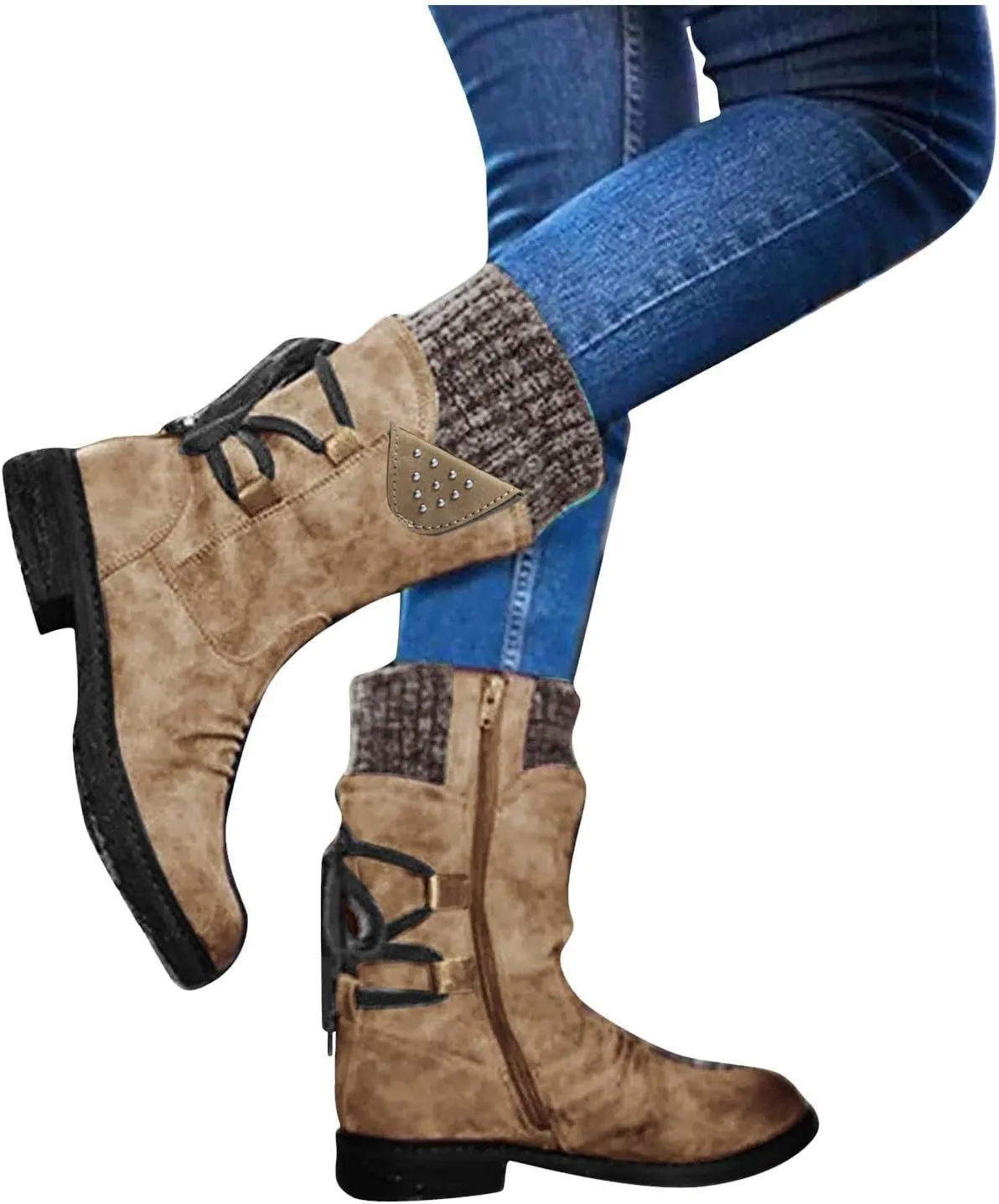 Mid Boots Up for Women Shoes Lace Calf Vintage Heels Thick Casual Boots Retro Women's Boots Dress Snow Boots Women