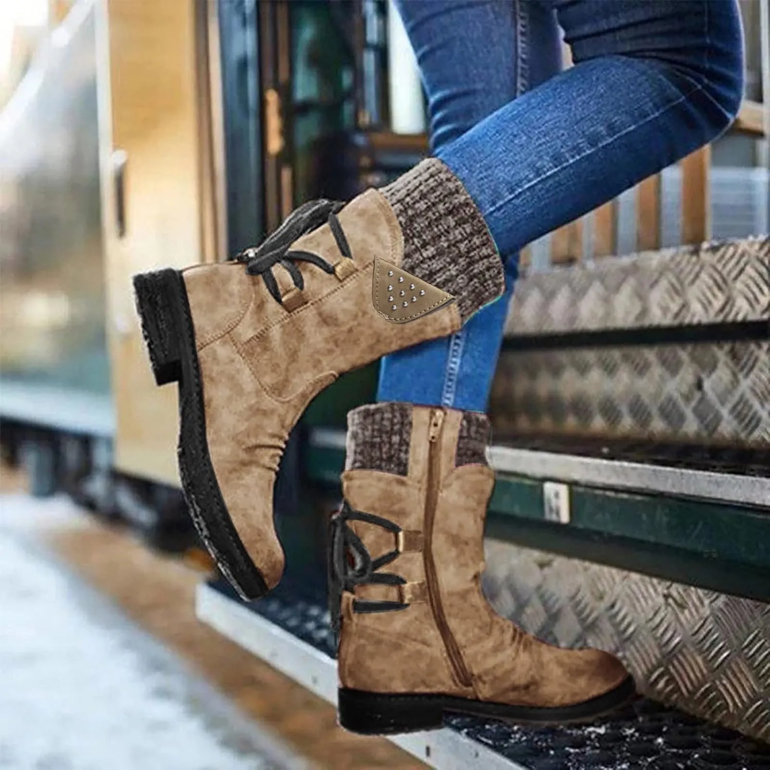 Mid Boots Up for Women Shoes Lace Calf Vintage Heels Thick Casual Boots Retro Women's Boots Dress Snow Boots Women