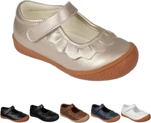 Oomphies Amina Leather Mary Jane Shoes for Girls  Ruffled Dress Shoes with Hook & Loop Closure, Soft Cushion Footbed