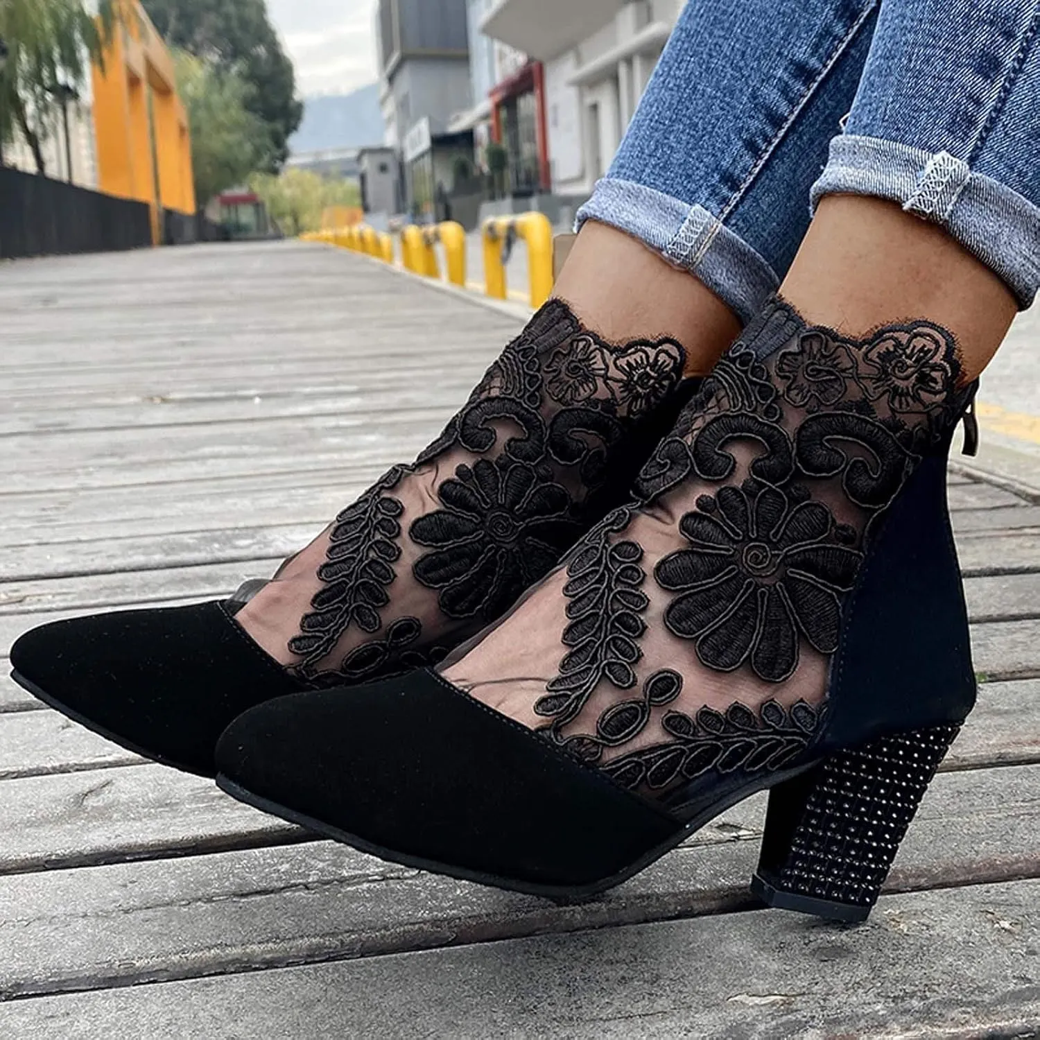 Shoes for Women Sandals, Sandals for Women Sexy Hollow Floral Lace Chunky High Heels Platform Boots Casual Boots