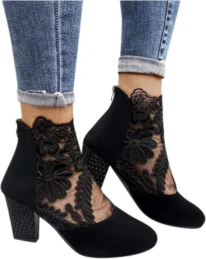 Shoes for Women Sandals, Sandals for Women Sexy Hollow Floral Lace Chunky High Heels Platform Boots Casual Boots