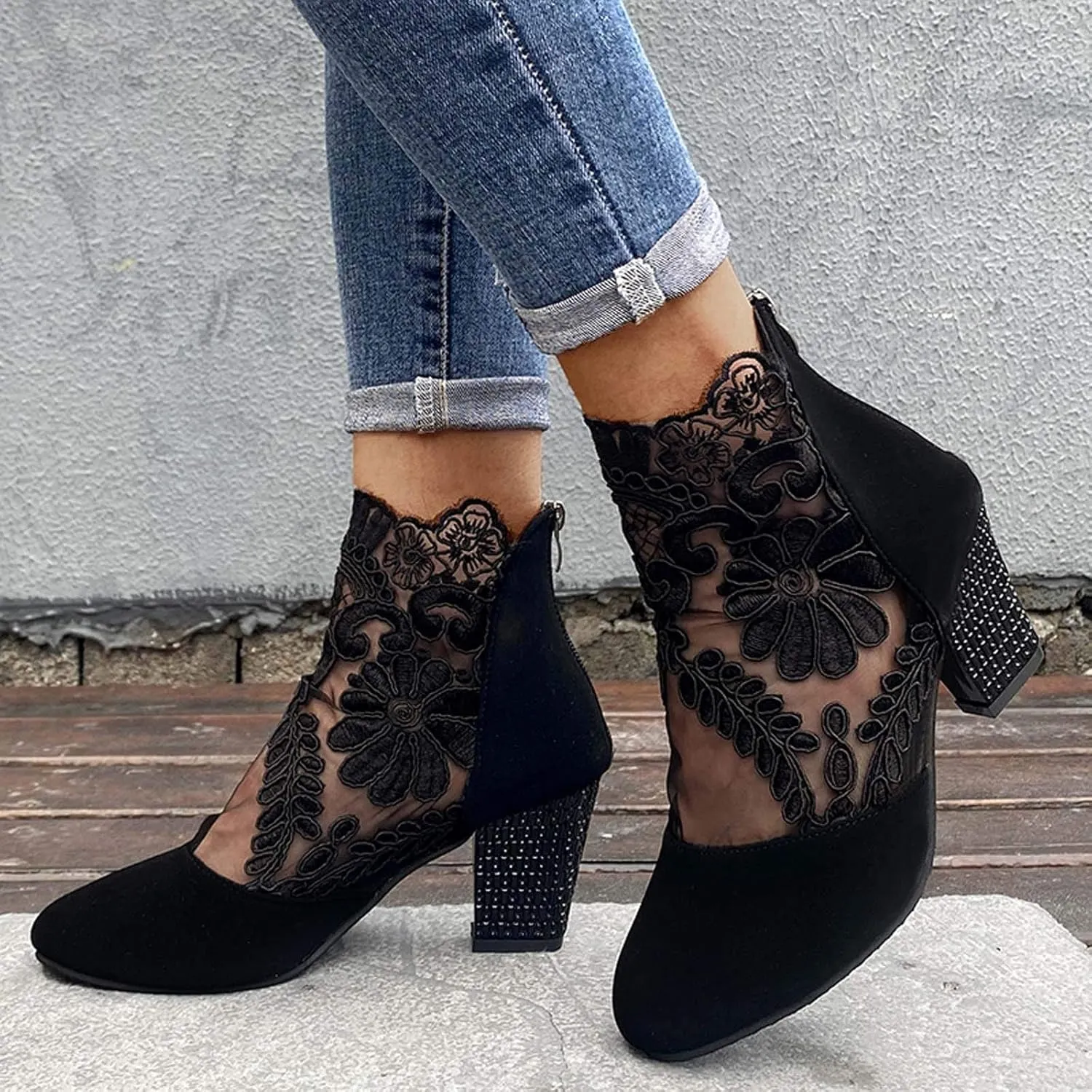 Shoes for Women Sandals, Sandals for Women Sexy Hollow Floral Lace Chunky High Heels Platform Boots Casual Boots