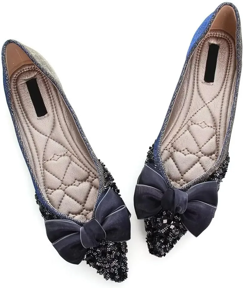 Stunner Bowknot Ballet Flats for Women Cute Bowtie Slip on Pointy Toe Rhinestone Dress Flat Shoes Loarfers