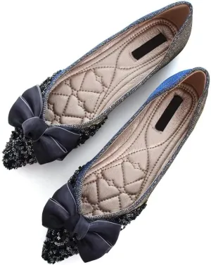 Stunner Bowknot Ballet Flats for Women Cute Bowtie Slip on Pointy Toe Rhinestone Dress Flat Shoes Loarfers