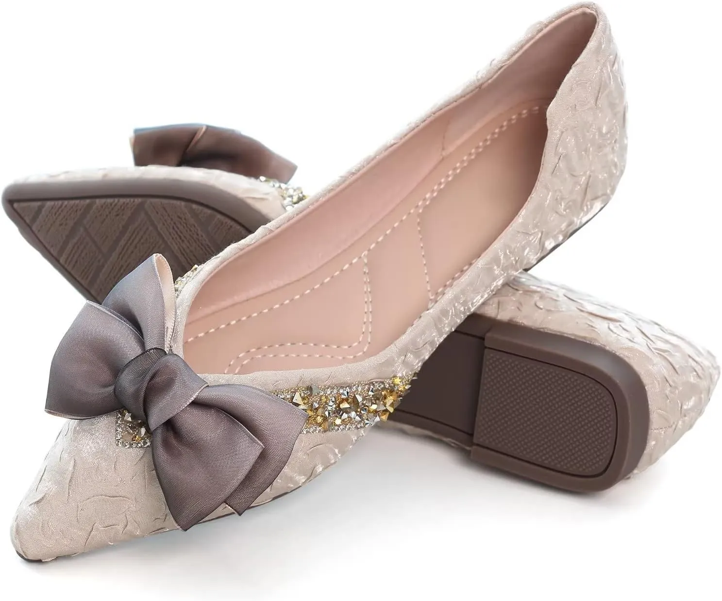 Stunner Bowknot Ballet Flats for Women Cute Bowtie Slip on Pointy Toe Rhinestone Dress Flat Shoes Loarfers