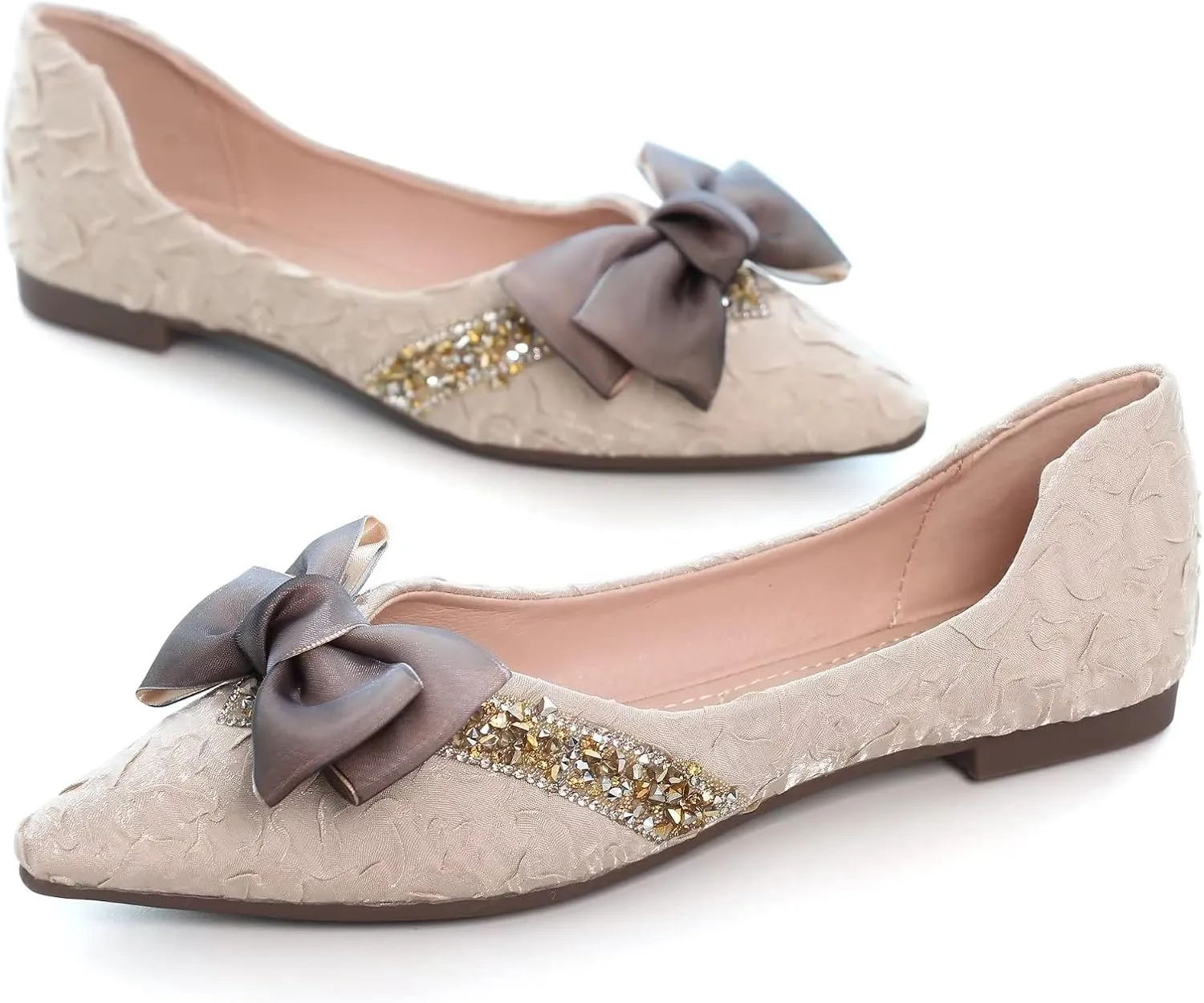Stunner Bowknot Ballet Flats for Women Cute Bowtie Slip on Pointy Toe Rhinestone Dress Flat Shoes Loarfers