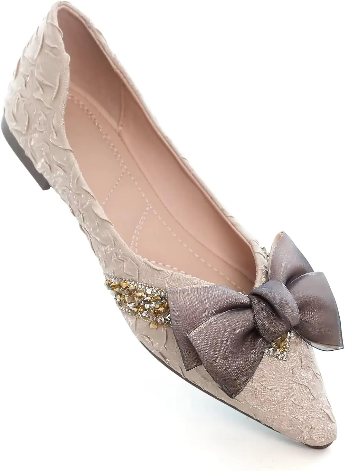 Stunner Bowknot Ballet Flats for Women Cute Bowtie Slip on Pointy Toe Rhinestone Dress Flat Shoes Loarfers