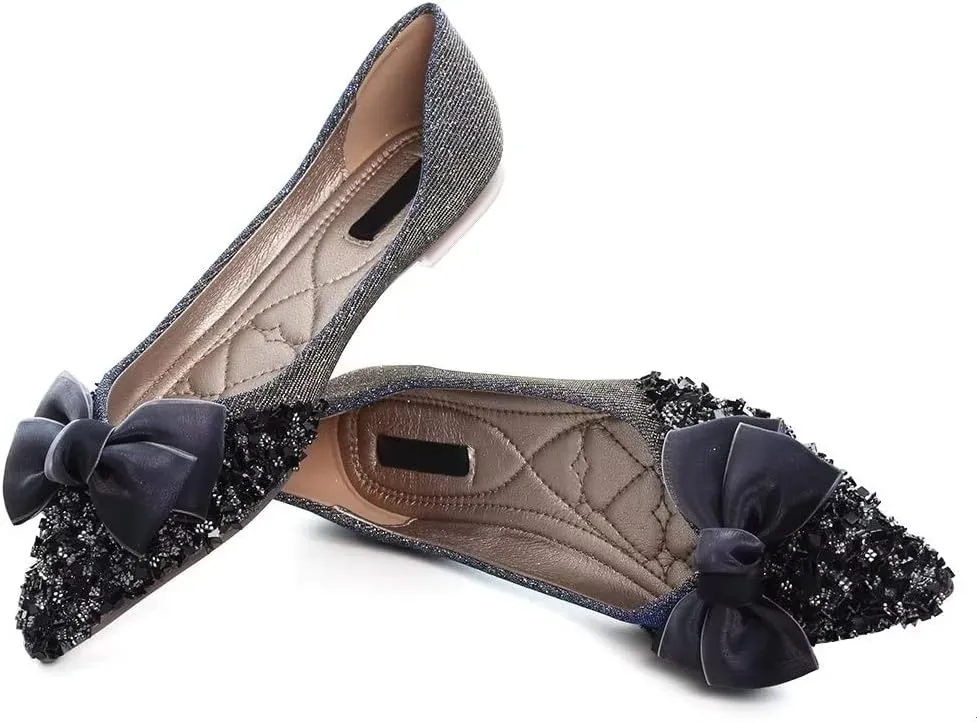 Stunner Bowknot Ballet Flats for Women Cute Bowtie Slip on Pointy Toe Rhinestone Dress Flat Shoes Loarfers