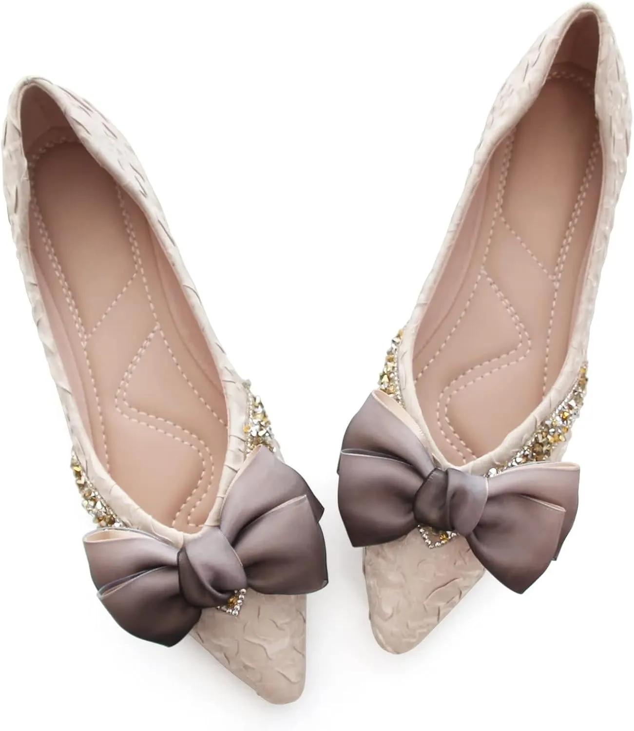 Stunner Bowknot Ballet Flats for Women Cute Bowtie Slip on Pointy Toe Rhinestone Dress Flat Shoes Loarfers