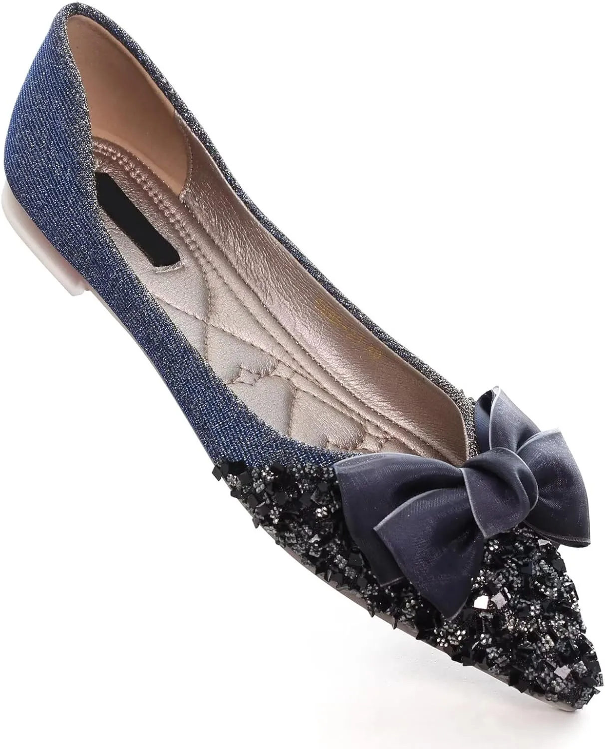 Stunner Bowknot Ballet Flats for Women Cute Bowtie Slip on Pointy Toe Rhinestone Dress Flat Shoes Loarfers