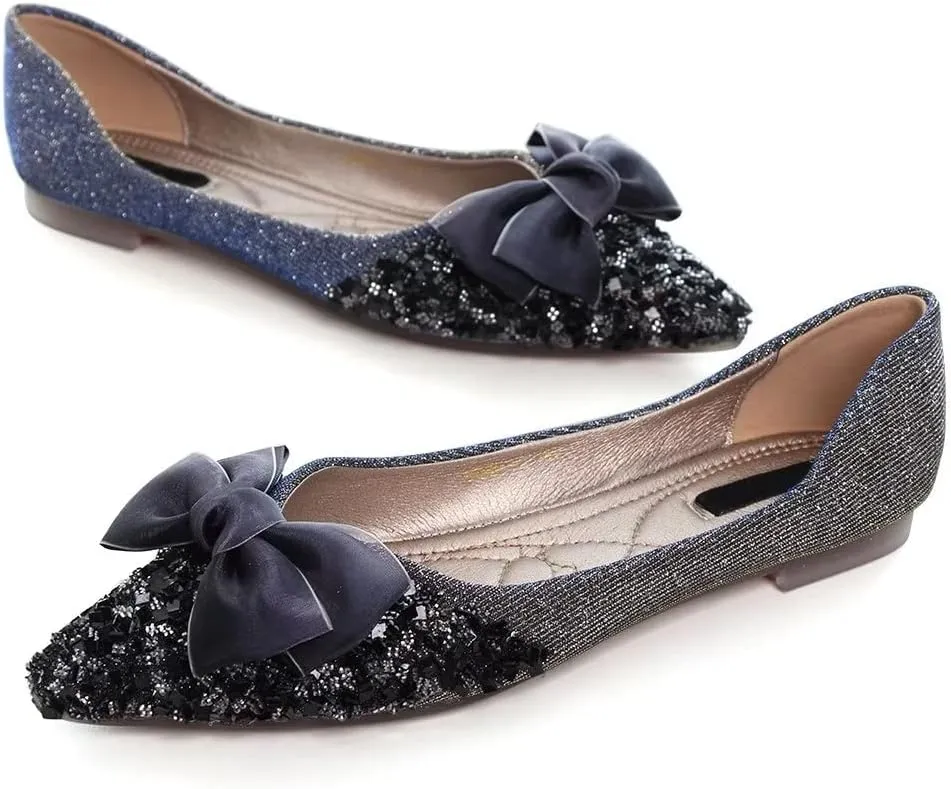 Stunner Bowknot Ballet Flats for Women Cute Bowtie Slip on Pointy Toe Rhinestone Dress Flat Shoes Loarfers