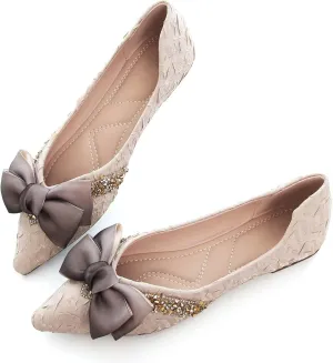 Stunner Bowknot Ballet Flats for Women Cute Bowtie Slip on Pointy Toe Rhinestone Dress Flat Shoes Loarfers