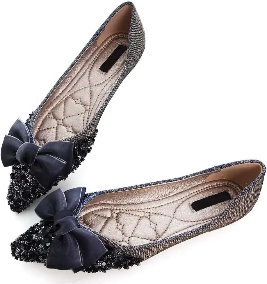 Stunner Bowknot Ballet Flats for Women Cute Bowtie Slip on Pointy Toe Rhinestone Dress Flat Shoes Loarfers