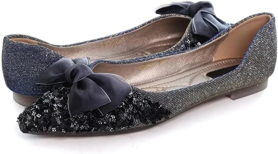Stunner Bowknot Ballet Flats for Women Cute Bowtie Slip on Pointy Toe Rhinestone Dress Flat Shoes Loarfers