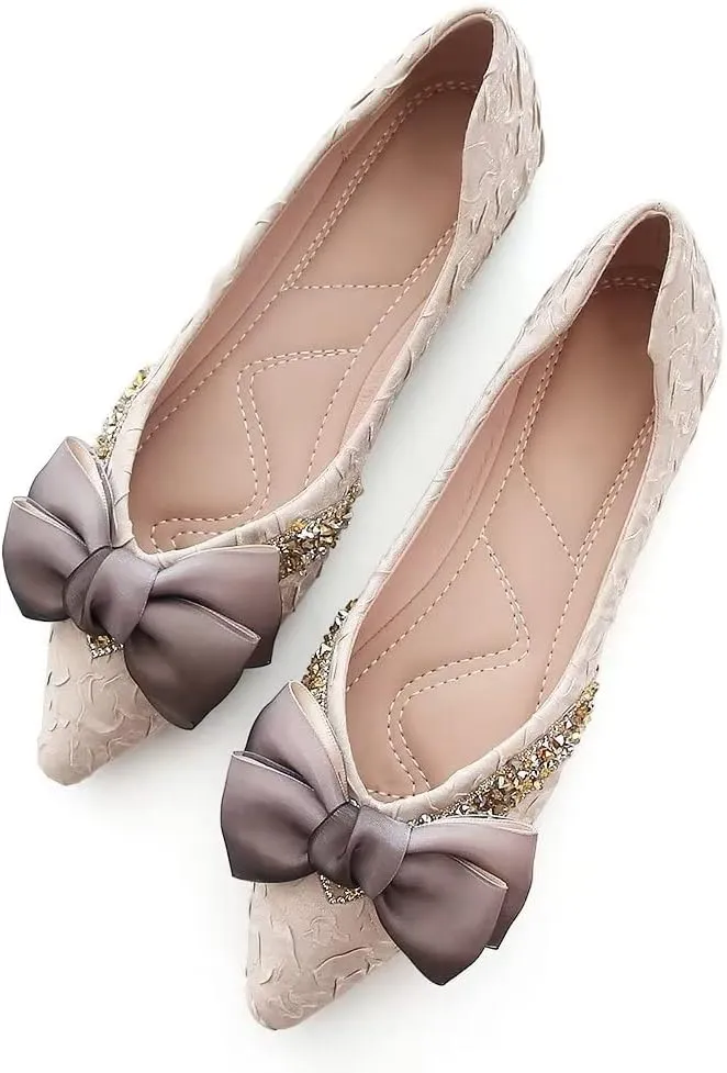 Stunner Bowknot Ballet Flats for Women Cute Bowtie Slip on Pointy Toe Rhinestone Dress Flat Shoes Loarfers