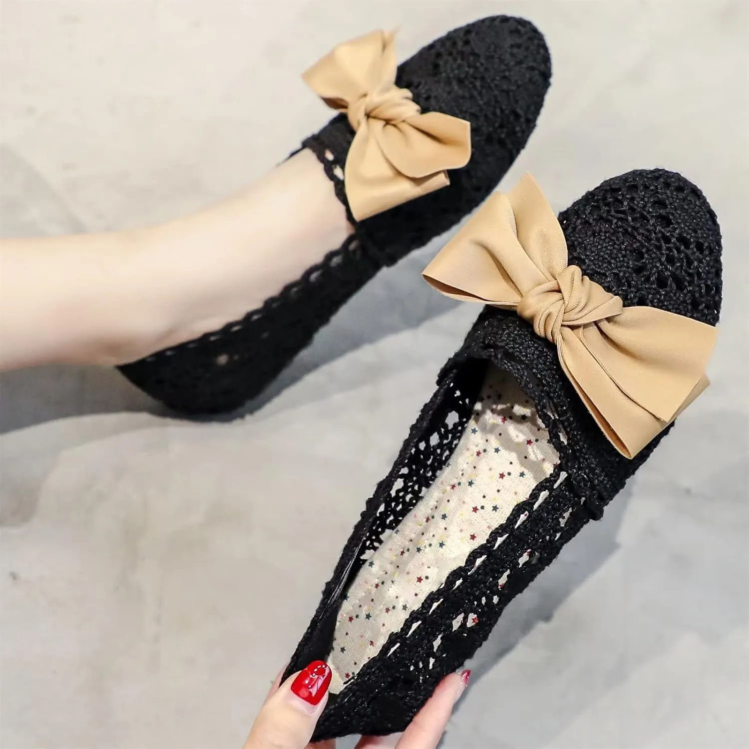 Stunner Women's Round Toe Flats Lace Hollow Breathable Slip on Flat Shoes