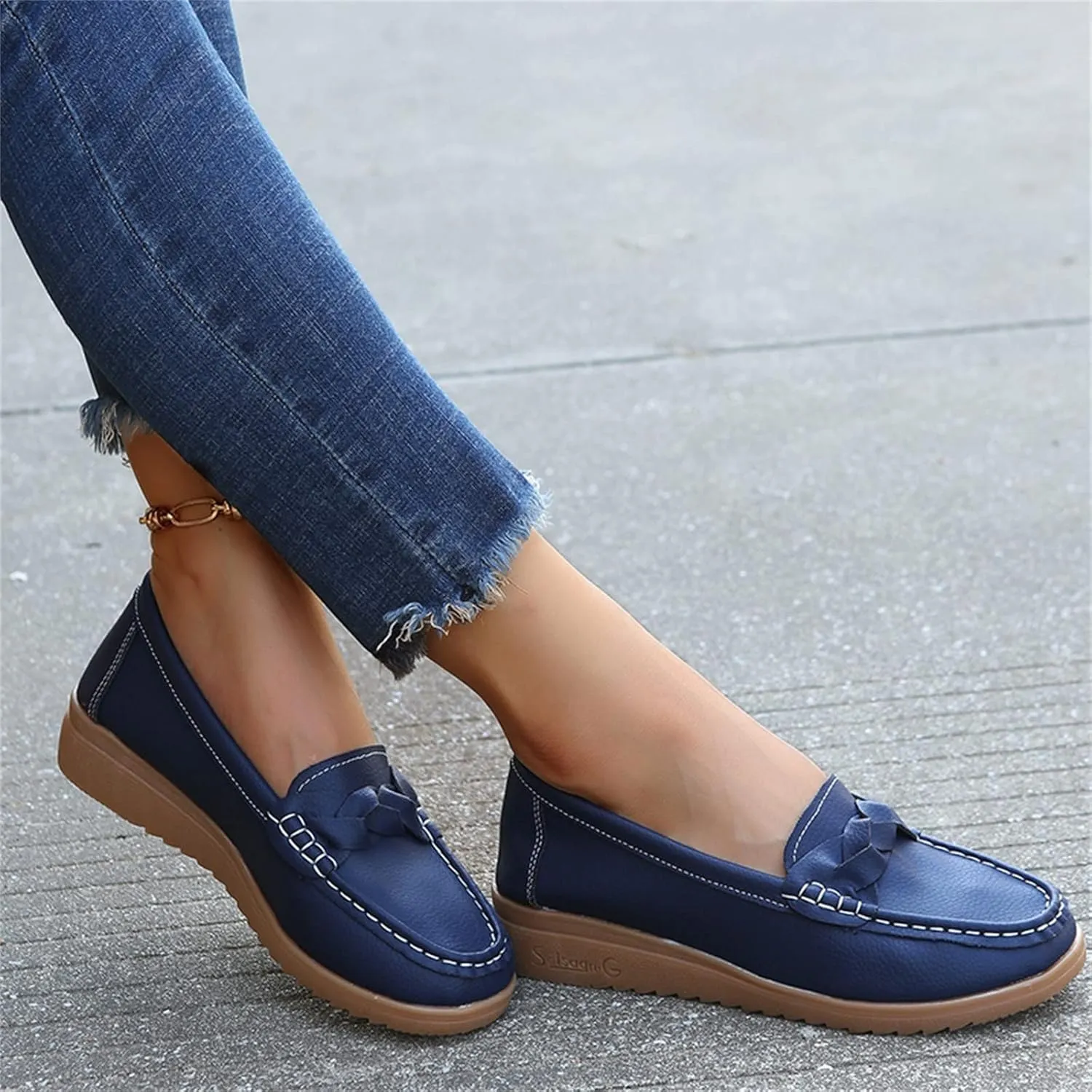 SuanlaTDS Ladies Fashion Multicolor Leather Shoes Soft Sole Pump Flat Casual Shoes Womens Black Dress Shoes Casual (Blue, 8.5)