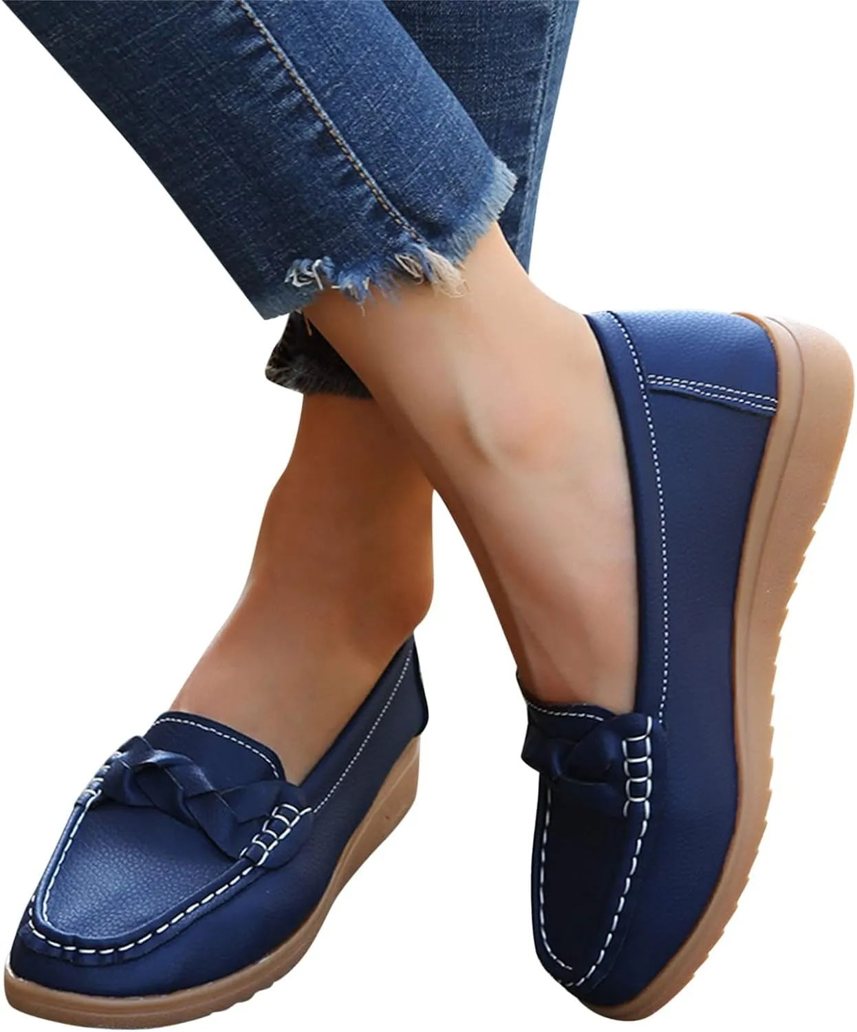 SuanlaTDS Ladies Fashion Multicolor Leather Shoes Soft Sole Pump Flat Casual Shoes Womens Black Dress Shoes Casual (Blue, 8.5)