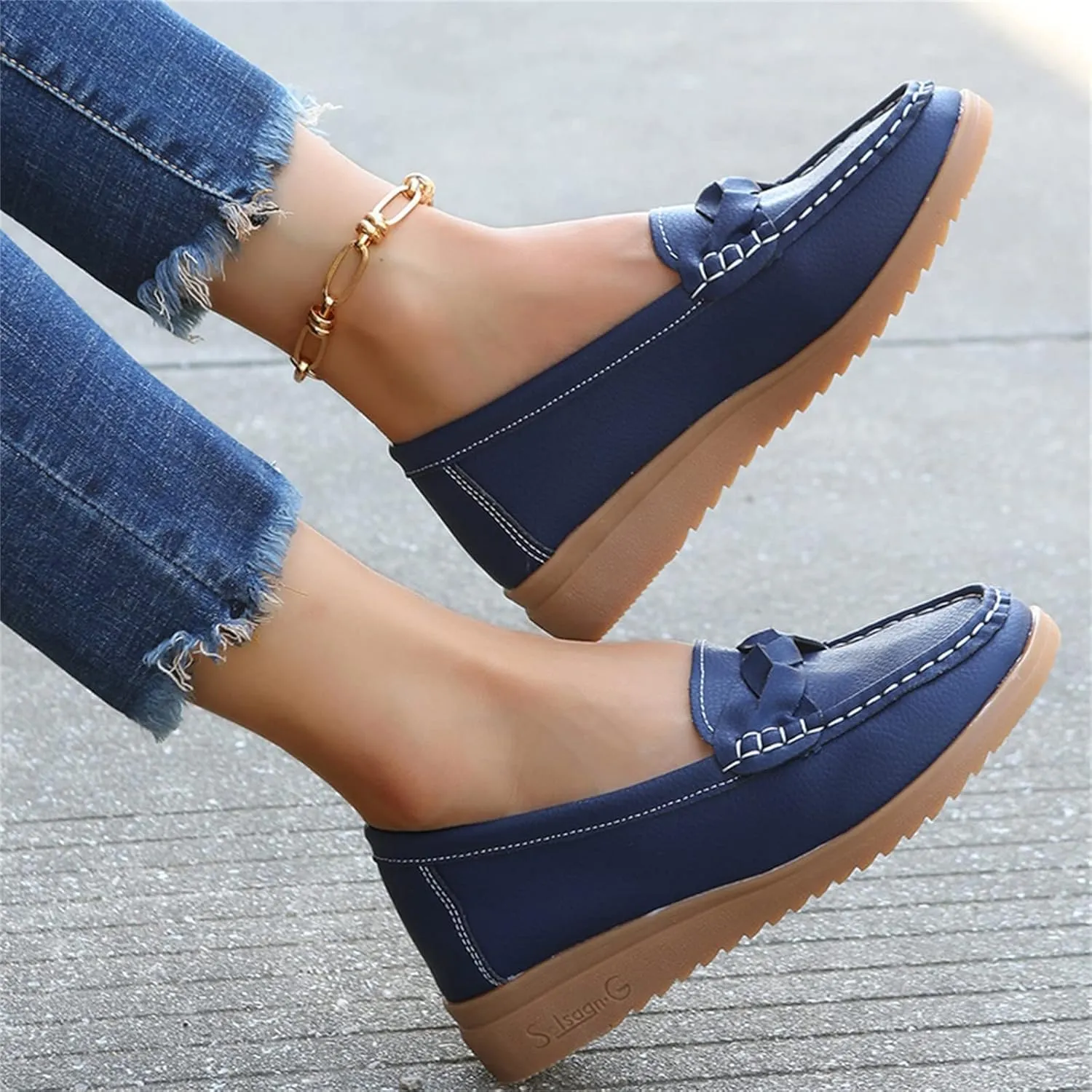 SuanlaTDS Ladies Fashion Multicolor Leather Shoes Soft Sole Pump Flat Casual Shoes Womens Black Dress Shoes Casual (Blue, 8.5)