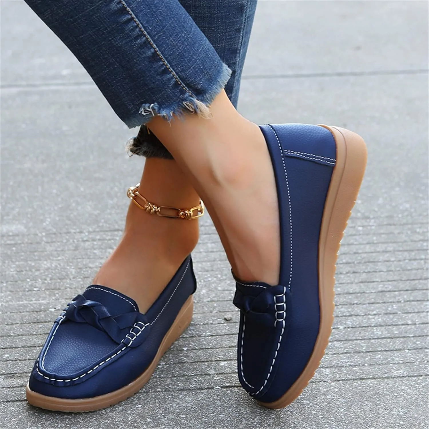 SuanlaTDS Ladies Fashion Multicolor Leather Shoes Soft Sole Pump Flat Casual Shoes Womens Black Dress Shoes Casual (Blue, 8.5)