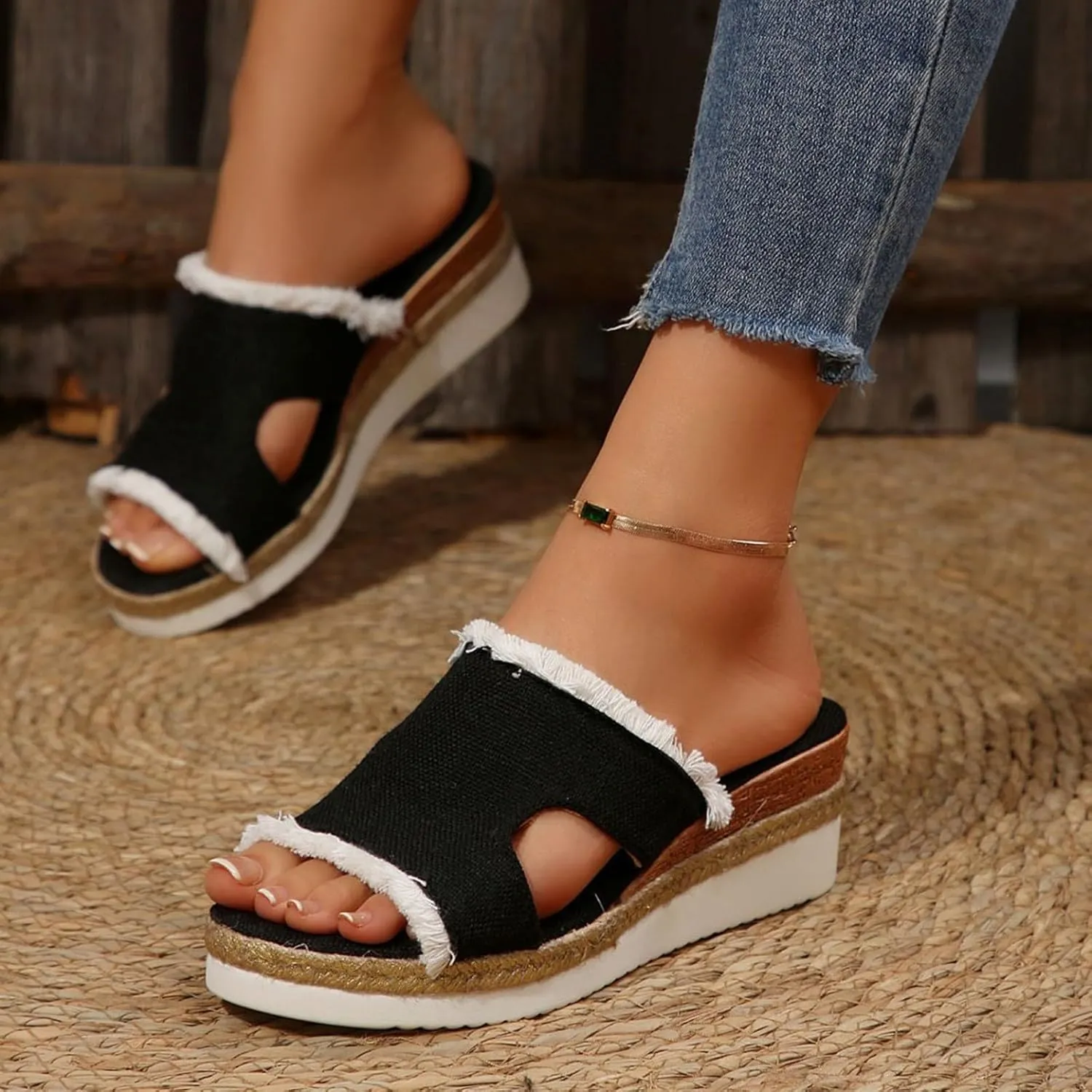 SuanlaTDS Wedge Sandals for Women Summer Dressy Open Toe Platform Low Wedges Espadrilles Slip On Slide Sandals Beach Dress Shoes Comfortable Casual Outdoor Bohemian Slippers