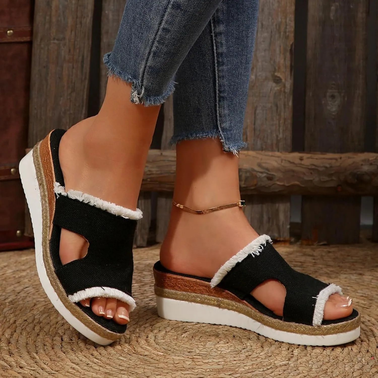 SuanlaTDS Wedge Sandals for Women Summer Dressy Open Toe Platform Low Wedges Espadrilles Slip On Slide Sandals Beach Dress Shoes Comfortable Casual Outdoor Bohemian Slippers