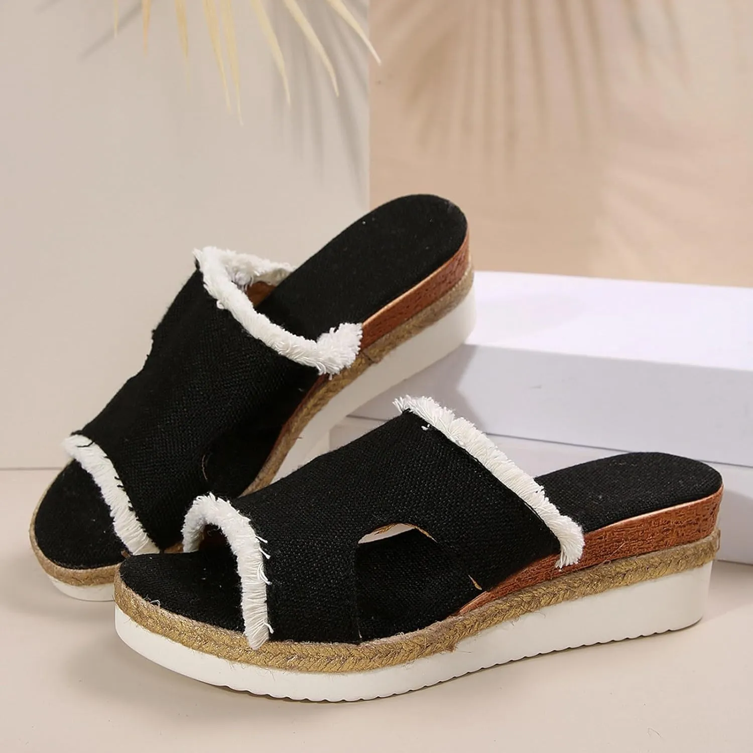 SuanlaTDS Wedge Sandals for Women Summer Dressy Open Toe Platform Low Wedges Espadrilles Slip On Slide Sandals Beach Dress Shoes Comfortable Casual Outdoor Bohemian Slippers