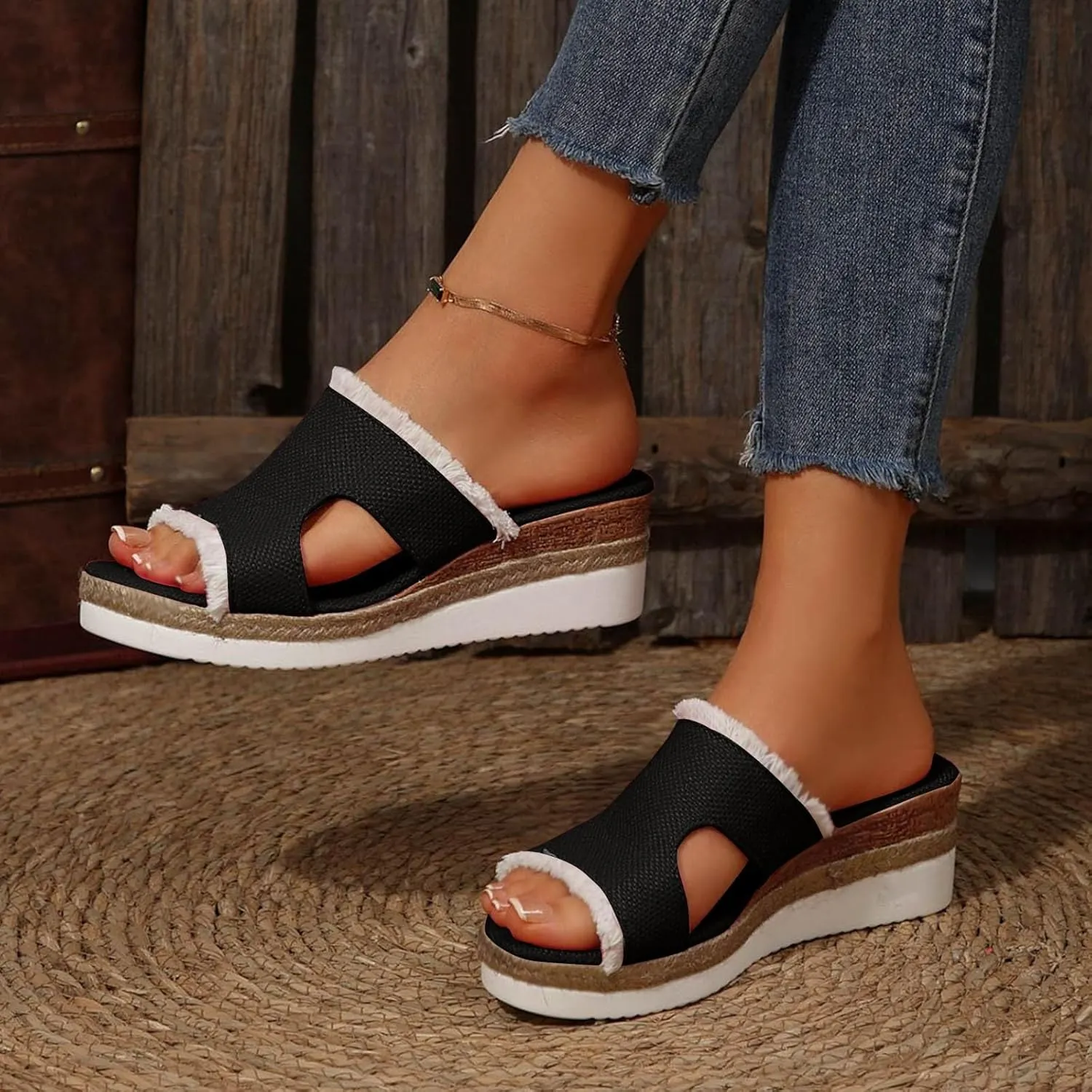 SuanlaTDS Wedge Sandals for Women Summer Dressy Open Toe Platform Low Wedges Espadrilles Slip On Slide Sandals Beach Dress Shoes Comfortable Casual Outdoor Bohemian Slippers