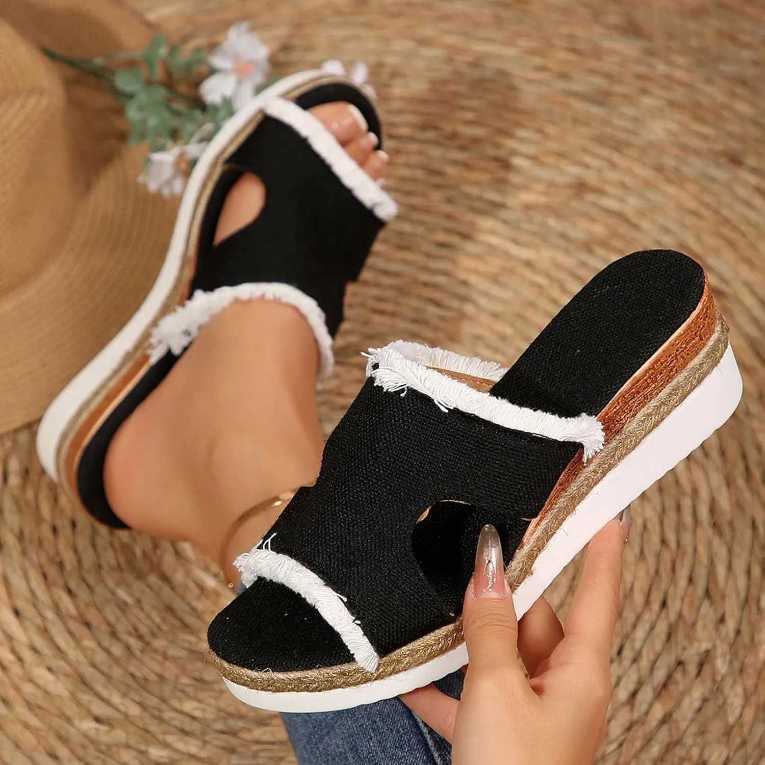 SuanlaTDS Wedge Sandals for Women Summer Dressy Open Toe Platform Low Wedges Espadrilles Slip On Slide Sandals Beach Dress Shoes Comfortable Casual Outdoor Bohemian Slippers