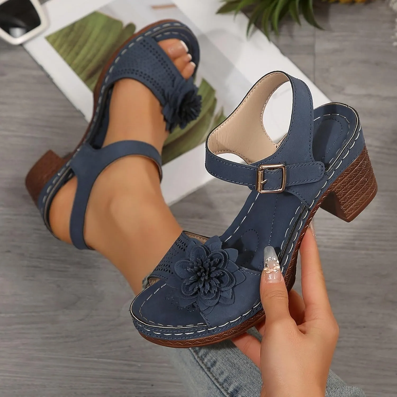 SuanlaTDS Womens Sandals High Heels Round Toe Ankle Strap Buckle Comfortable Wedge Platform Chunky Block Heel Party Dress Dance Shoes Casual Open-toe Heeled Outdoor Sandals
