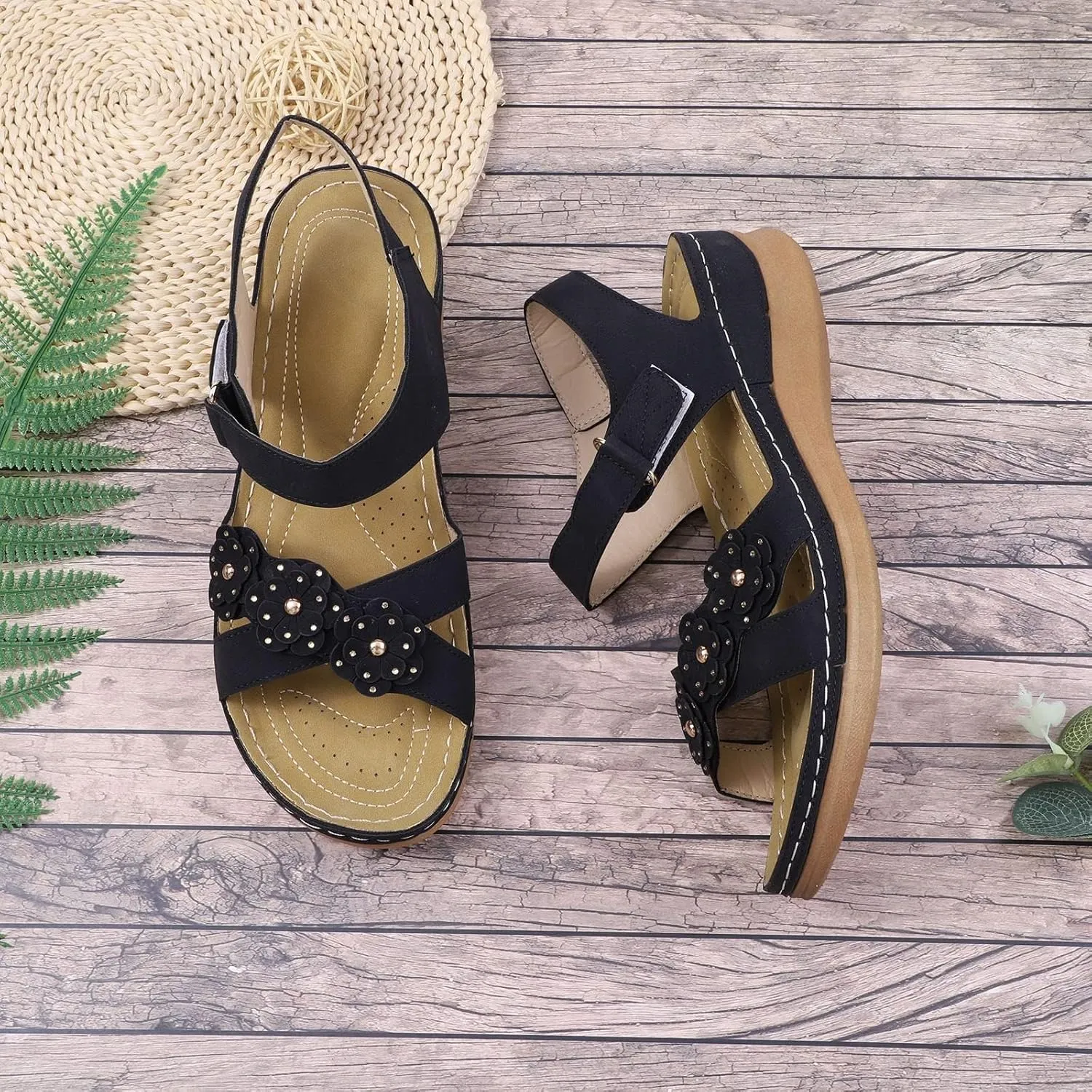 Wedge Sandals for Women Dressy Comfortable Summer Platform Casual Dress Sandal Ankle Strap Open Toe Dressy Shoes Walking Air Cushion Support Low Wedges with Adjustable Hook Loop Orthopedic