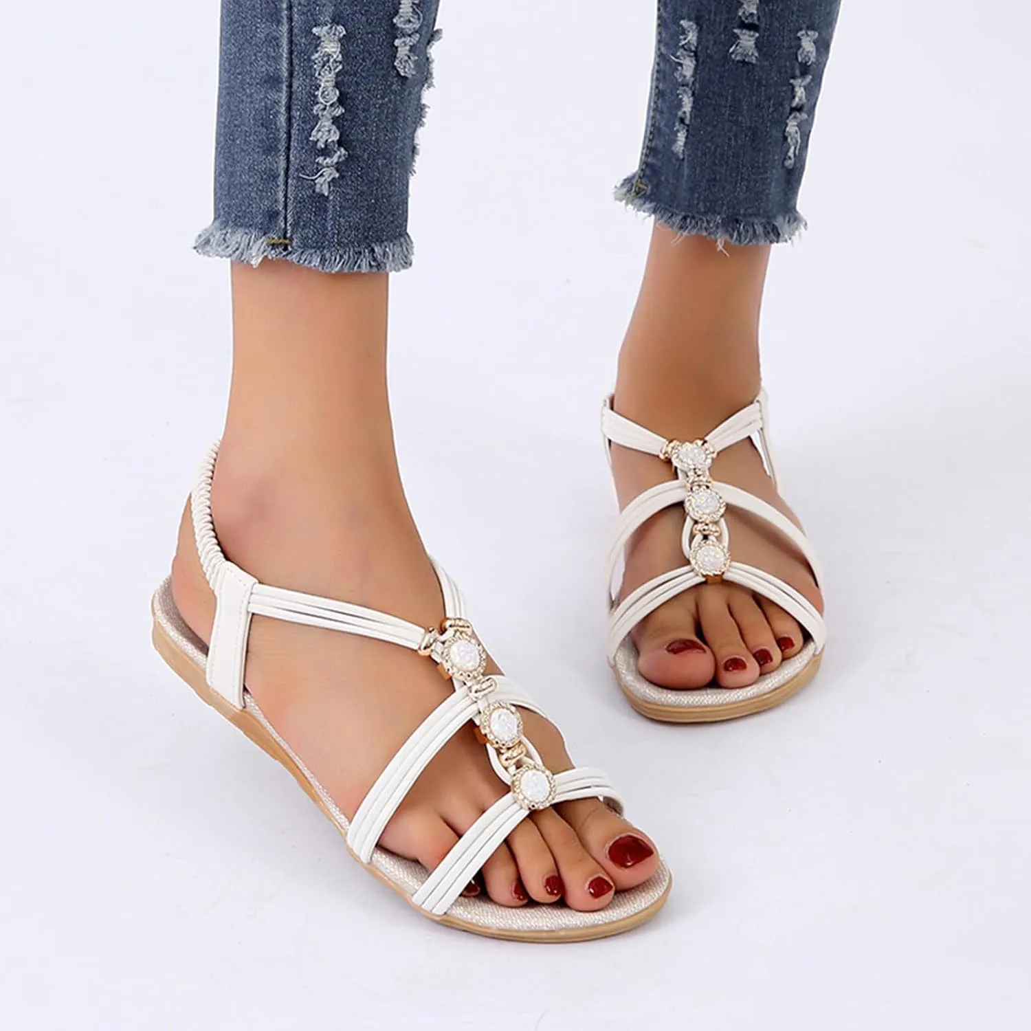 Wedge Sandals for Women Flats Rhinestone with Arch Support Sandals Breathable Hot Summer Travel Non-Slip Shoes