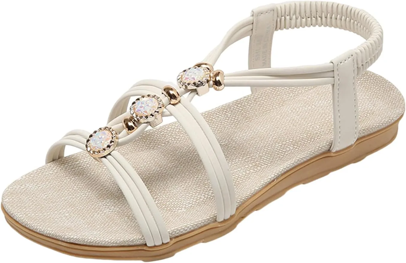 Wedge Sandals for Women Flats Rhinestone with Arch Support Sandals Breathable Hot Summer Travel Non-Slip Shoes