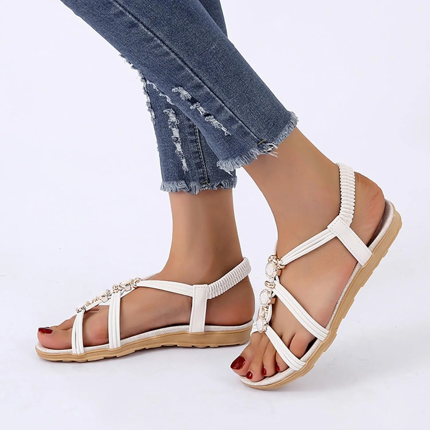 Wedge Sandals for Women Flats Rhinestone with Arch Support Sandals Breathable Hot Summer Travel Non-Slip Shoes