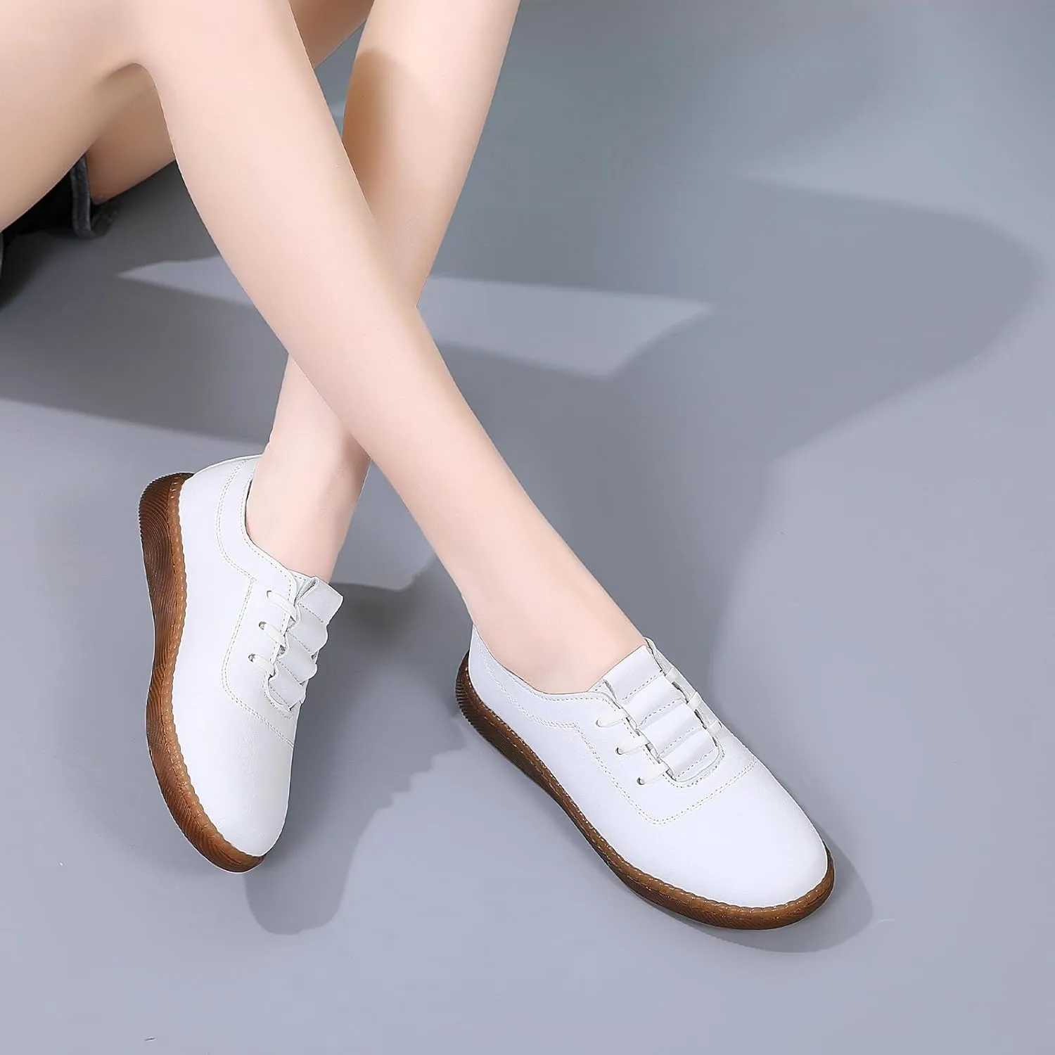 Women's Genuine Leather Soft Bottom Flat Loafers,Elastic Drawstring Slip On Breathable Non-Slip Casual Walking Work Shoes Comfort Mom Shoes