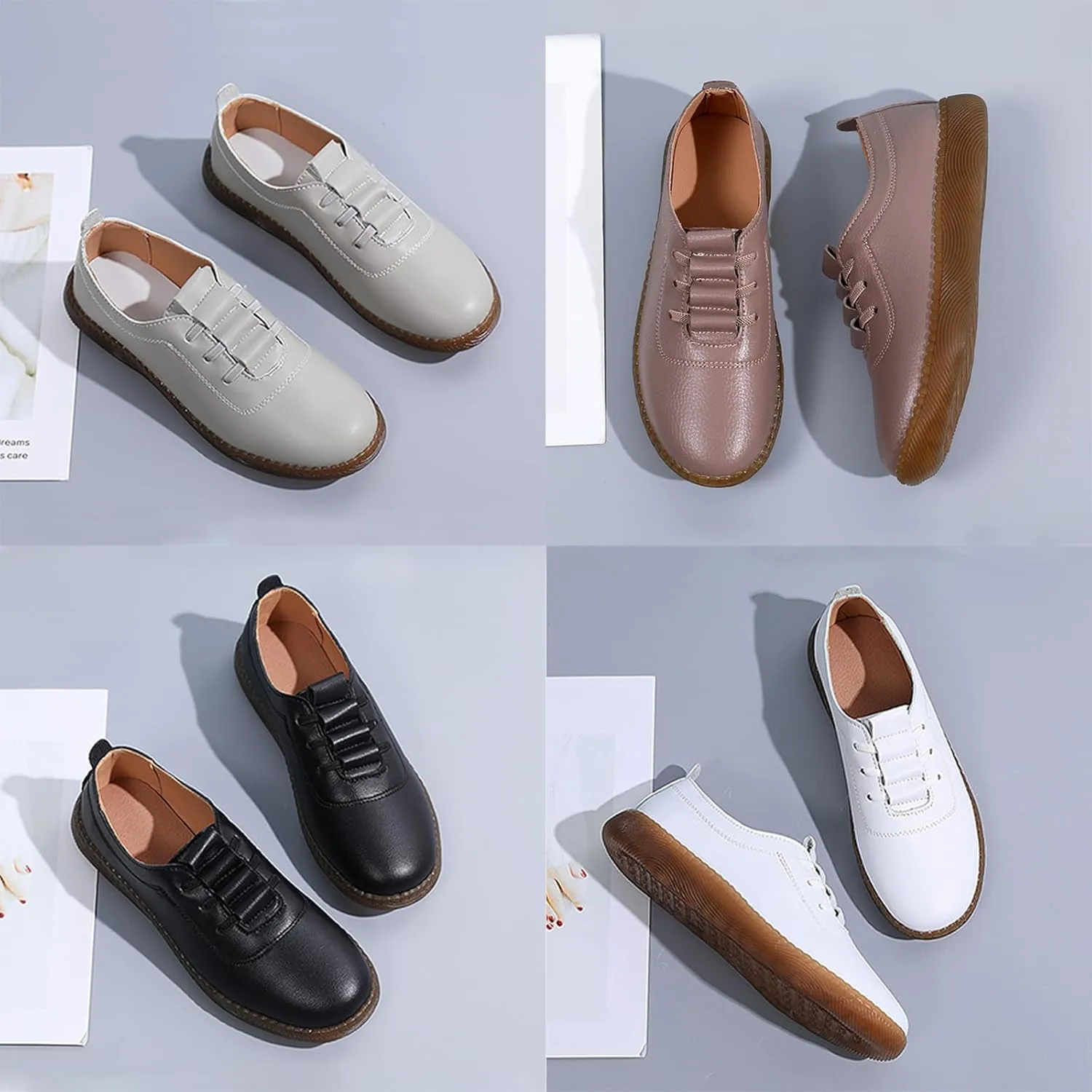 Women's Genuine Leather Soft Bottom Flat Loafers,Elastic Drawstring Slip On Breathable Non-Slip Casual Walking Work Shoes Comfort Mom Shoes