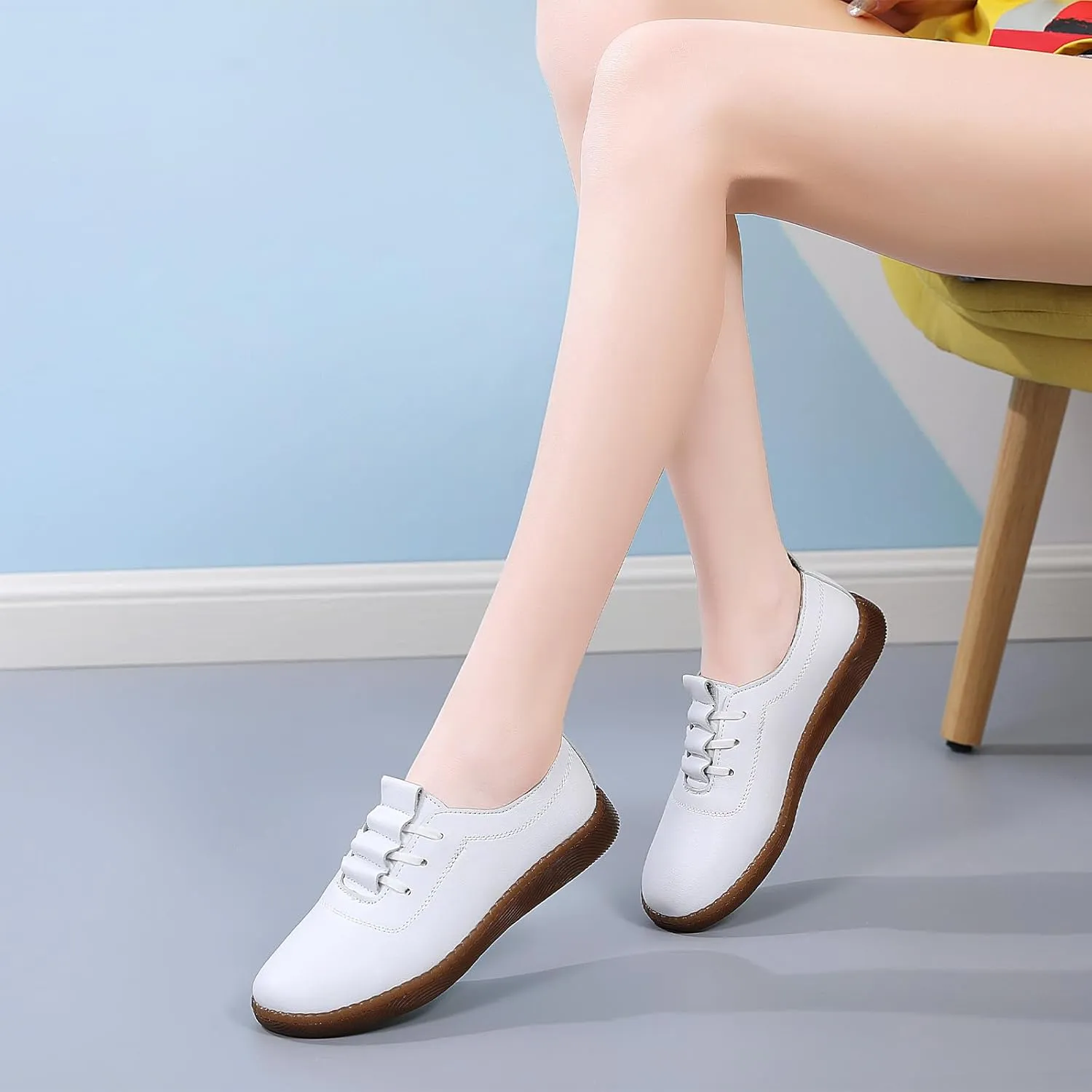 Women's Genuine Leather Soft Bottom Flat Loafers,Elastic Drawstring Slip On Breathable Non-Slip Casual Walking Work Shoes Comfort Mom Shoes